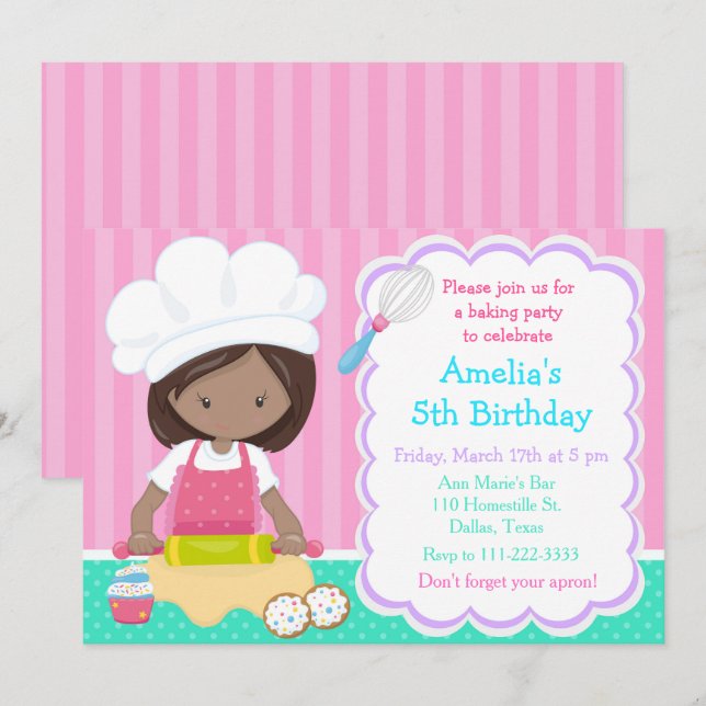 Cute African American Girl Baking Birthday Party Invitation (Front/Back)