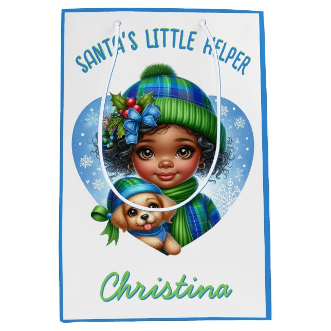 Cute African American Girl with Puppy Winter Medium Gift Bag (Front)