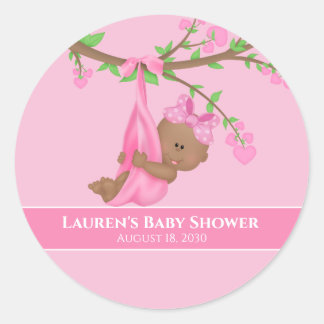 Cute African American Girl's Pink Baby Shower Classic Round Sticker