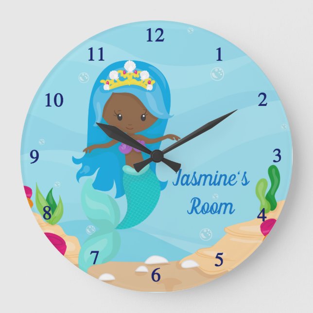 Cute African American Mermaid Beach Girl Kids Room Large Clock (Front)