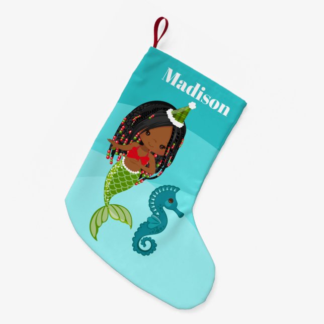 Cute African American mermaid decor Small Christmas Stocking (Front (Hanging))