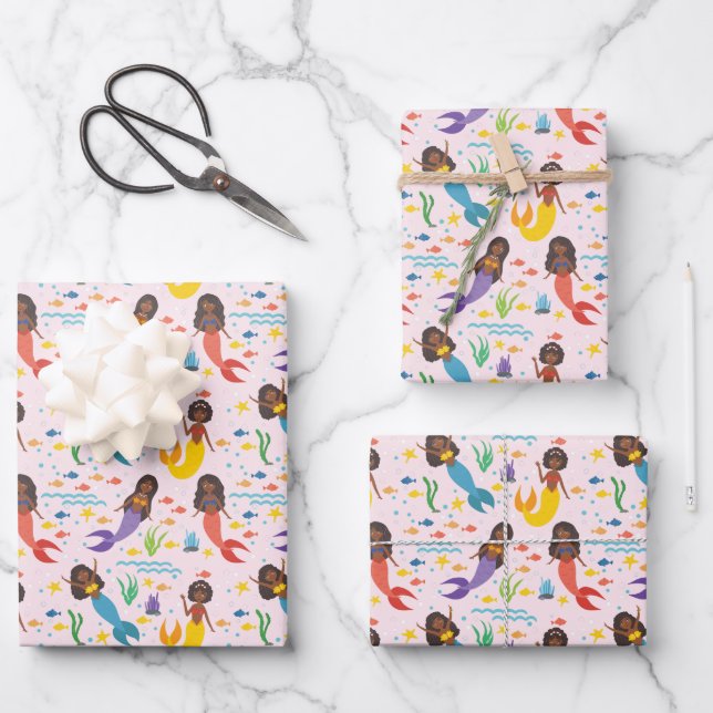 Cute African American Mermaids Waves Starfish Sea Wrapping Paper Sheet (Front)