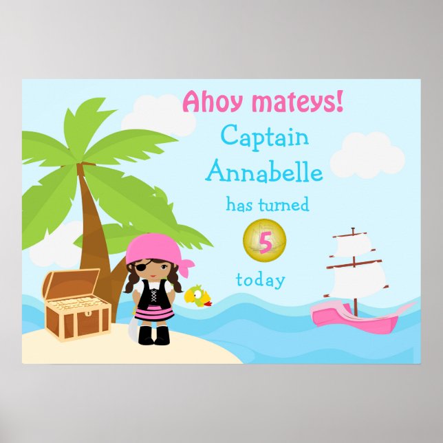 Cute African American Pirate Girl Birthday Poster (Front)