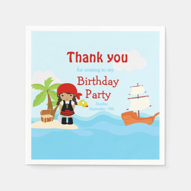 Cute African American Pirate Girl in Red Birthday Napkin (Front)