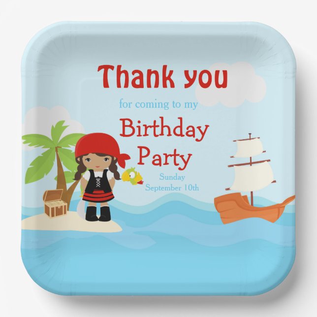 Cute African American Pirate Girl in Red Birthday Paper Plate (Front)
