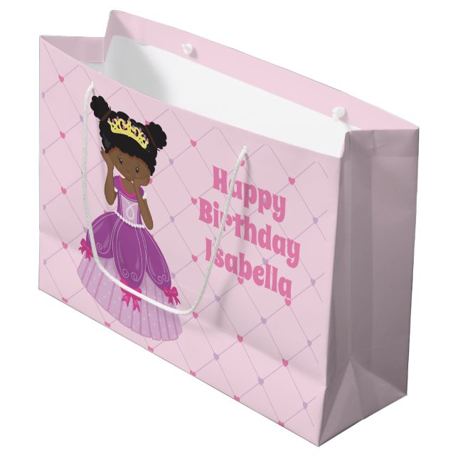 Cute African American Princess Pink Birthday Large Gift Bag (Front Angled)