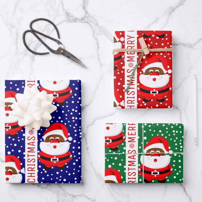 Cute African-American Santa Claus Merry Christmas Wrapping Paper Sheet (Front)