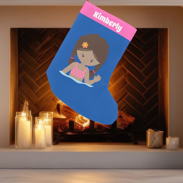 Cute African American Swim Girl Custom Pink Blue Small Christmas Stocking (Creator Uploaded)