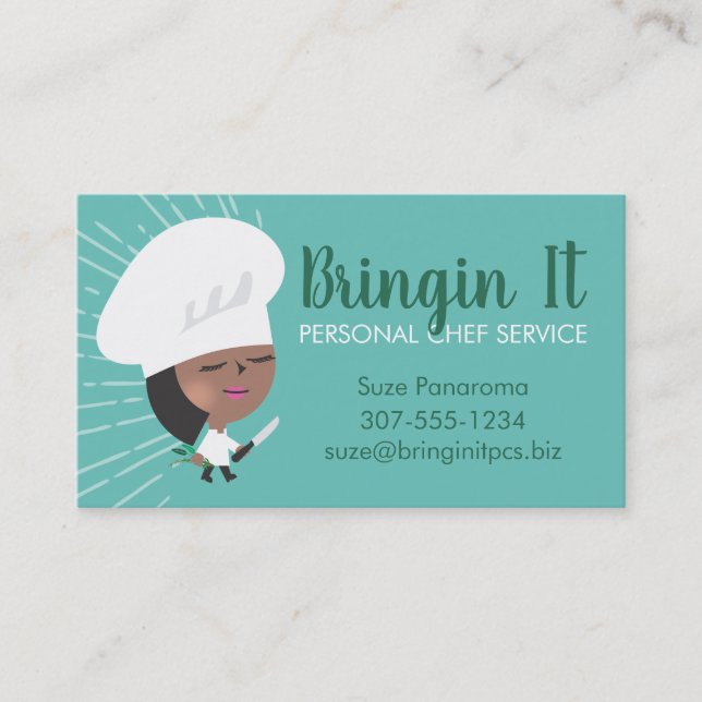 Cute African American woman chefs knife herbs Business Card (Front)