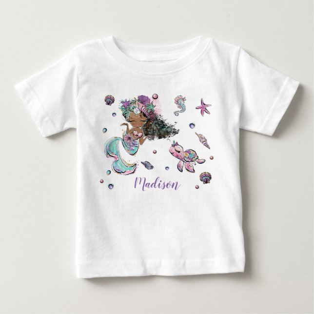 Cute African Black Mermaid Under the Sea Girl Baby T-Shirt (Front)
