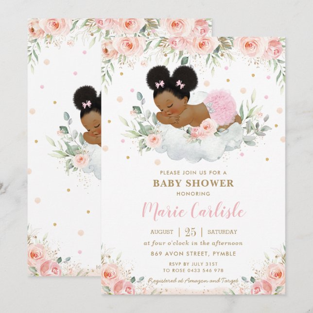 Cute African Blush Floral Girl Baby Shower Invitation (Front/Back)
