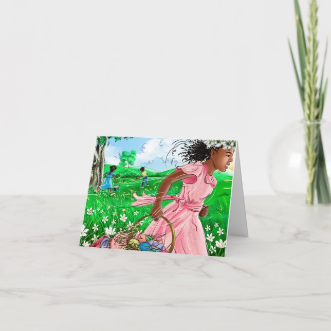 Cute African Girls Easter Egg Hunt| Sweet Easter Card (Front)