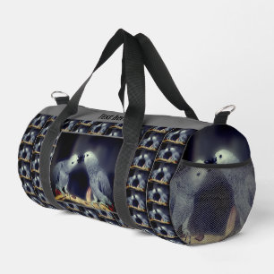 Cute African Grey Parrots Kissing Personalised Duffle Bag