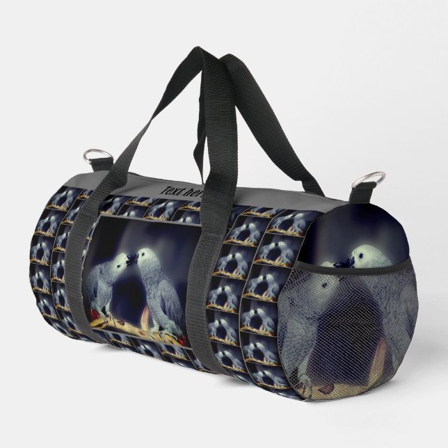 Cute African Grey Parrots Kissing Personalised Duffle Bag (Right Corner)