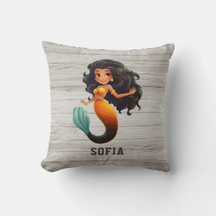 Cute African Mermaid Girl - Custom Name Afro Kids Cushion