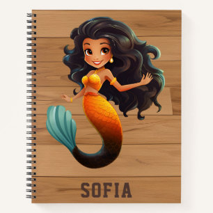 Cute African Mermaid Girl - Custom Name Afro Kids Notebook