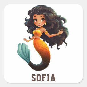 Cute African Mermaid Girl - Custom Name Afro Kids Square Sticker
