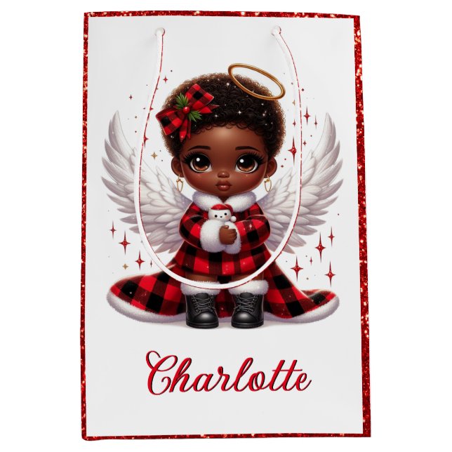 Cute Afro Angel Little Girl Red & Black Christmas Medium Gift Bag (Front)