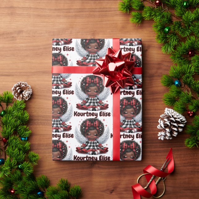 Cute Afro Angel Little Girl Red & Black Christmas Wrapping Paper (Holiday Gift)