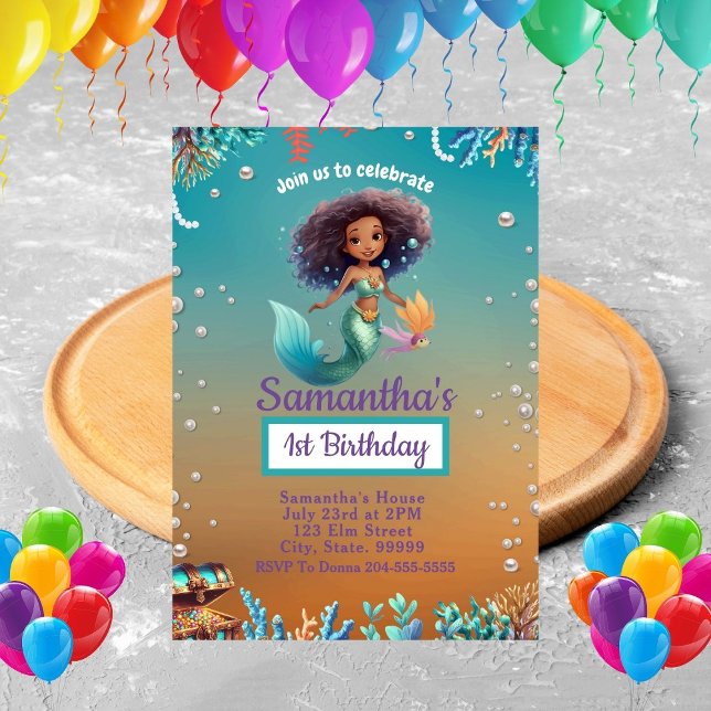 Cute Afro Mermaid Birthday Invitation for Kids (Creator Uploaded)