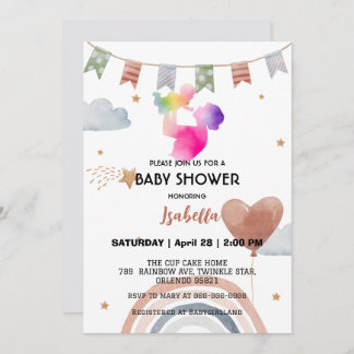 Cute afro MOM rainbow star balloon baby shower Invitation