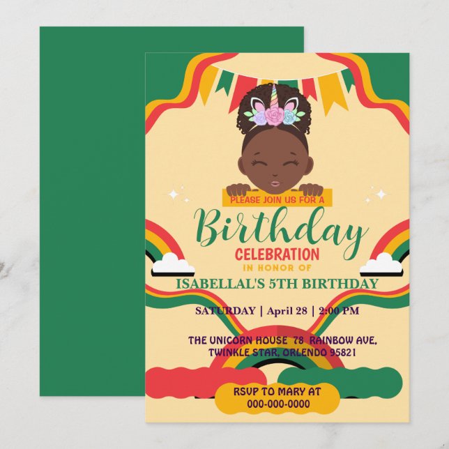 Cute afro unicorn African american girls Birthday  Invitation (Front/Back)