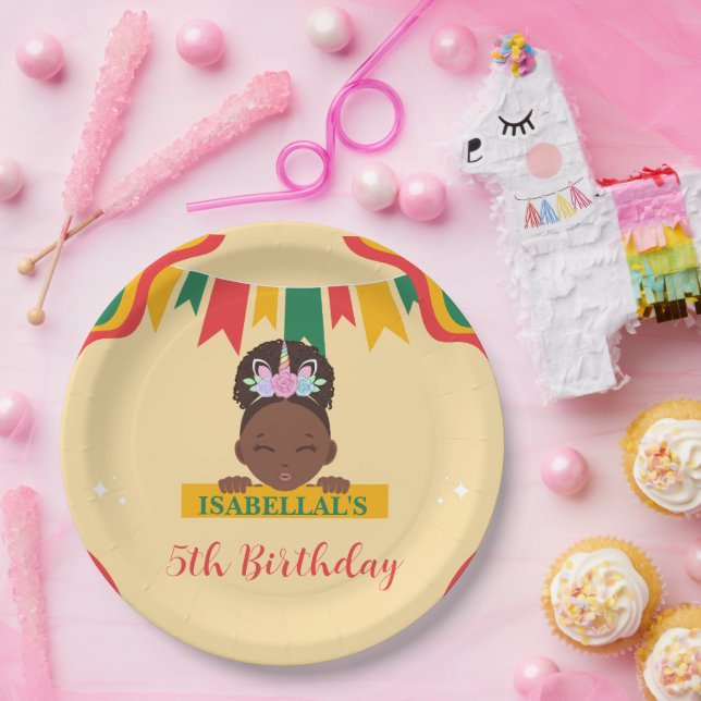 Cute afro unicorn African american girls Birthday  Paper Plate (Party)