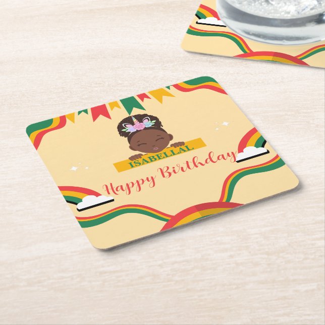 Cute afro unicorn African american girls Birthday  Square Paper Coaster (Angled)