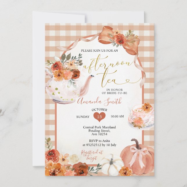 Cute Afternoon Tea party Bow Pumpkin Bridal Shower Invitation (Front)