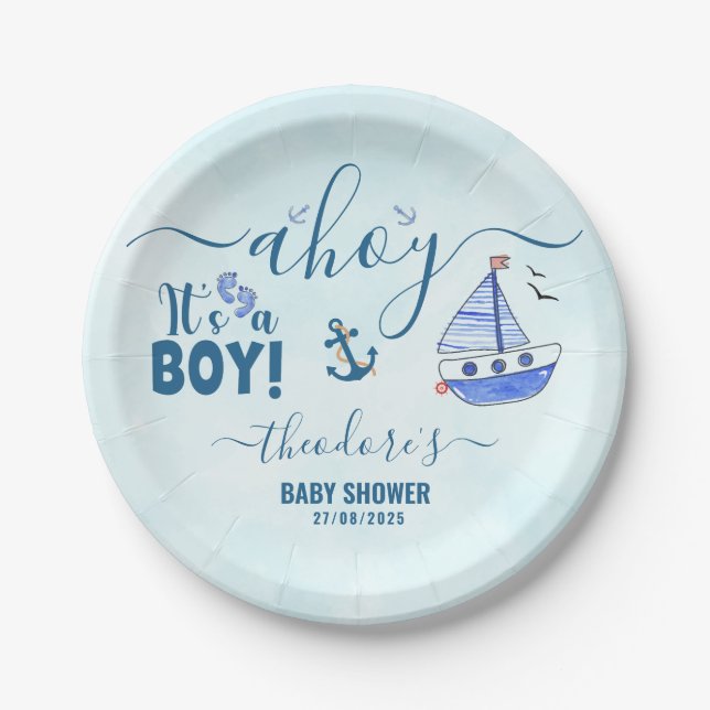 Cute Ahoy It's a Boy Sailboat Nautical Baby Shower Paper Plate (Front)