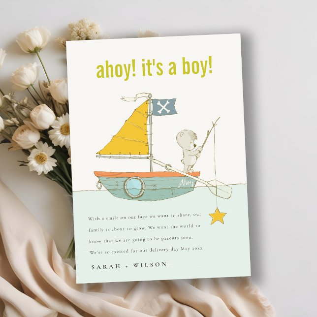 Cute Ahoy Teddy Bear Sailboat Baby Announcement (Creator Uploaded)