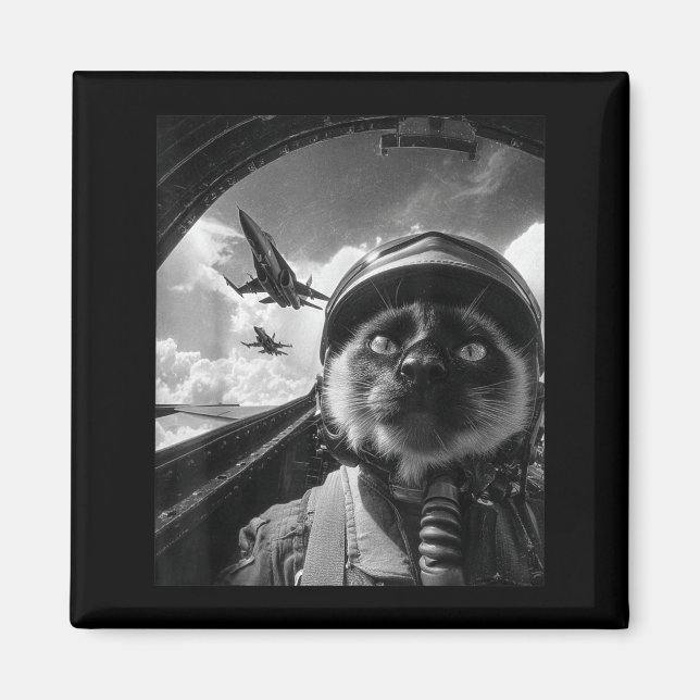 Cute Airplane Cat Jet Pilot Selfie Siamese Fighter Magnet (Front)