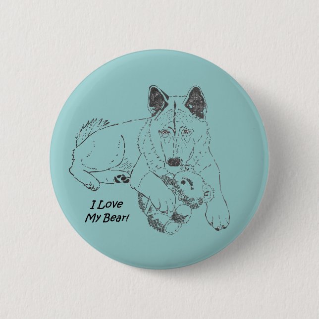 Cute akita dog and teddy bear drawing original art 6 cm round badge (Front)