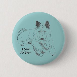 Cute akita dog and teddy bear drawing original art 6 cm round badge