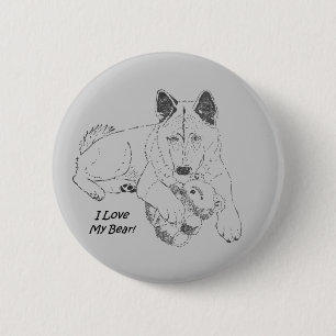 Cute akita dog and teddy bear drawing original art 6 cm round badge
