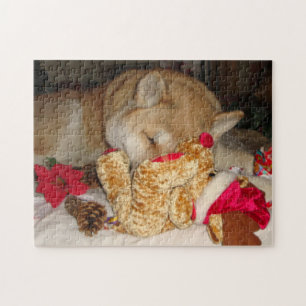 Cute akita dog christmas teddy asleep christmas jigsaw puzzle