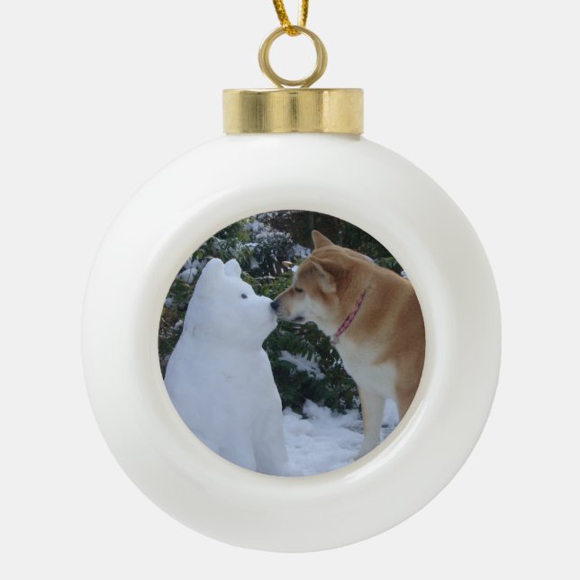 cute akita dog kissing snowdog ceramic ball christmas ornament (Front)