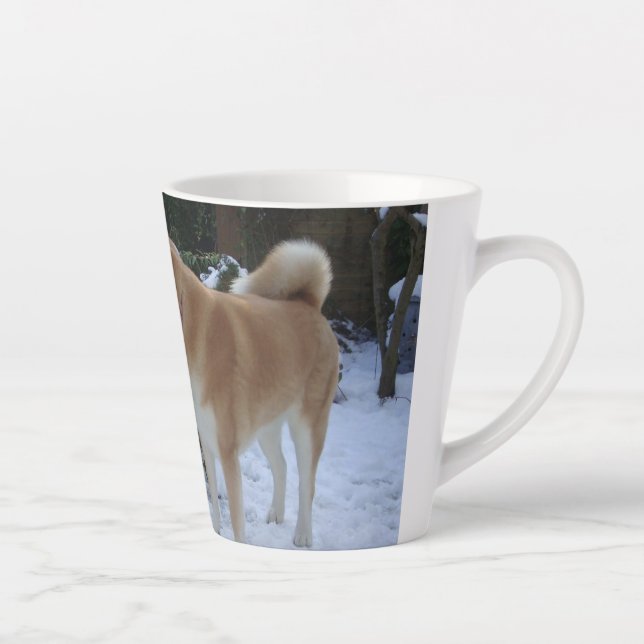 cute akita dog kissing snowman for christmas latte mug (Right)