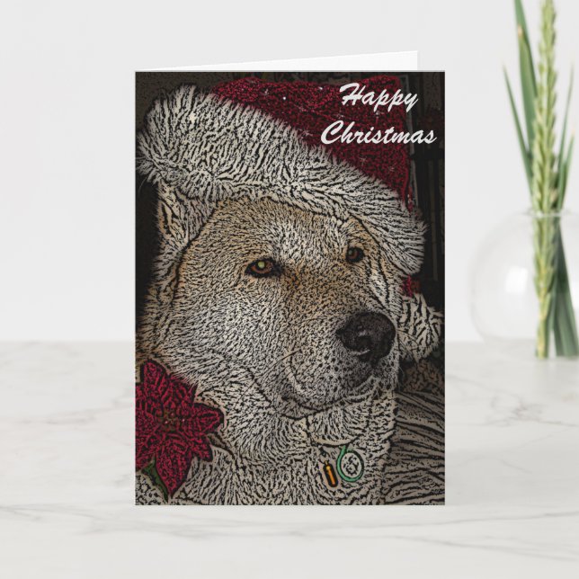 Cute akita in red santa hat portrait christmas holiday card (Front)