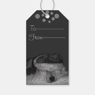 Cute akita in red santa hat sleeping gift tags