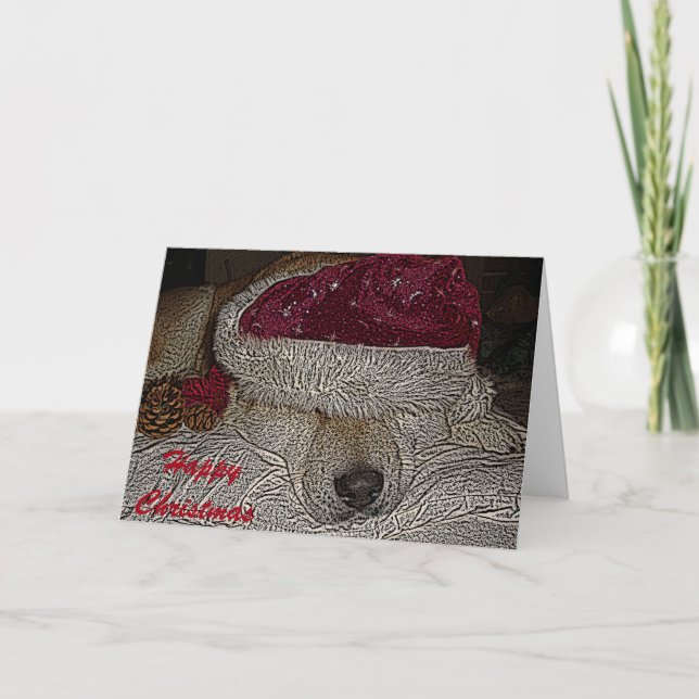 Cute akita in santa hat and cones asleep christmas holiday card (Front)