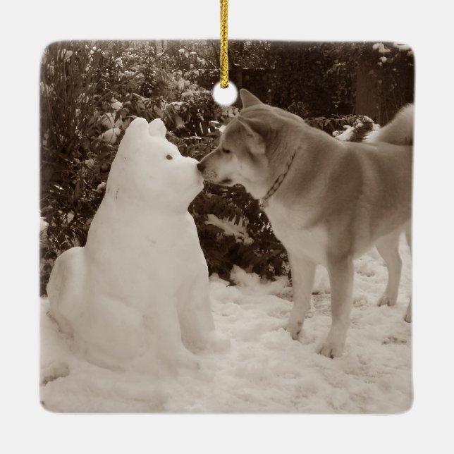 cute akita kissing snowman akita seasonal ceramic ornament (Back)