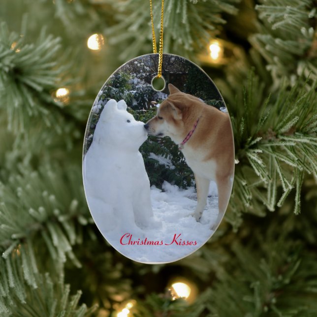 cute akita kissing snowman akita seasonal ceramic tree decoration (Tree)