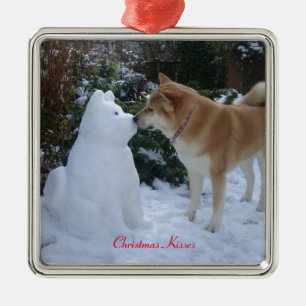 cute akita kissing snowman akita seasonal photo metal tree decoration