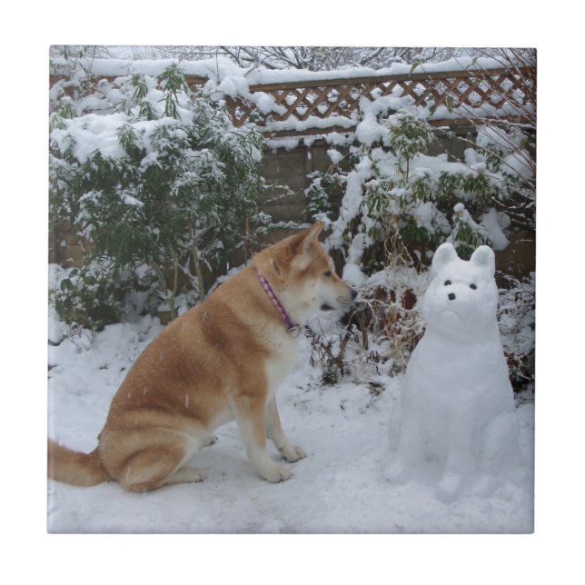 cute akita sitting with snowman in the snow dog tile (Front)