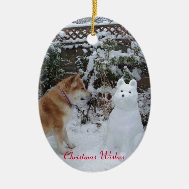cute akita sitting with snowman snow dog ceramic tree decoration (Front)