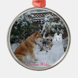 cute akita sitting with snowman snow dog photo metal tree decoration