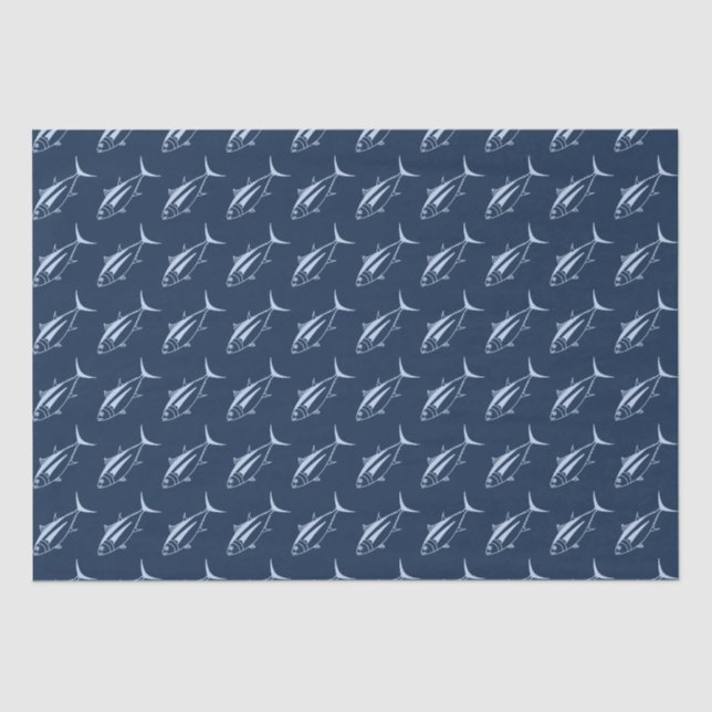 Cute Albacore Tuna in Pastel Blue on Marine Blue Tissue Paper (Front)