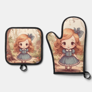Cute Alice Adventures Wonderland Woodland Art Oven Mitt & Pot Holder Set