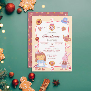 Cute Alice' Creamy Christmas Tea Party Invitation